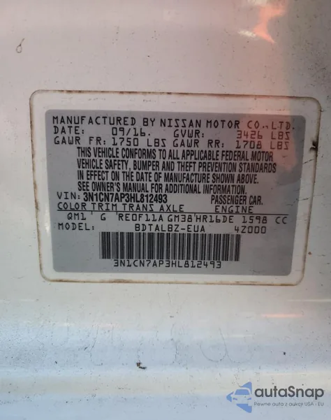 2017 Nissan Versa S from USA, damaged, VIN 3N1CN7AP3HL812493